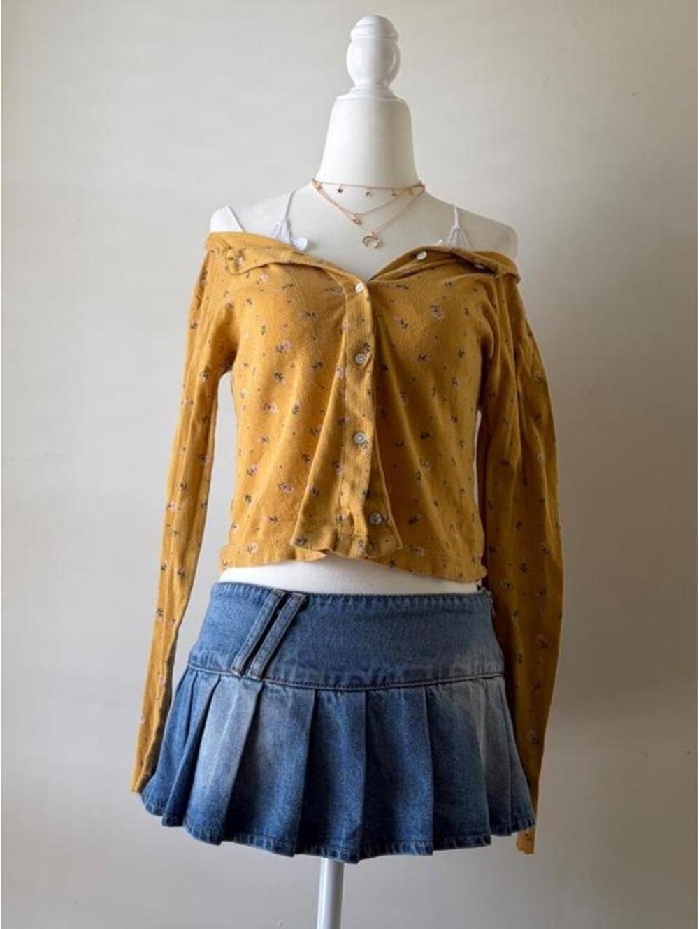 Y2K Lucky Brand Mustard Floral Cream Button Up Baby Tee Cardigan Boho